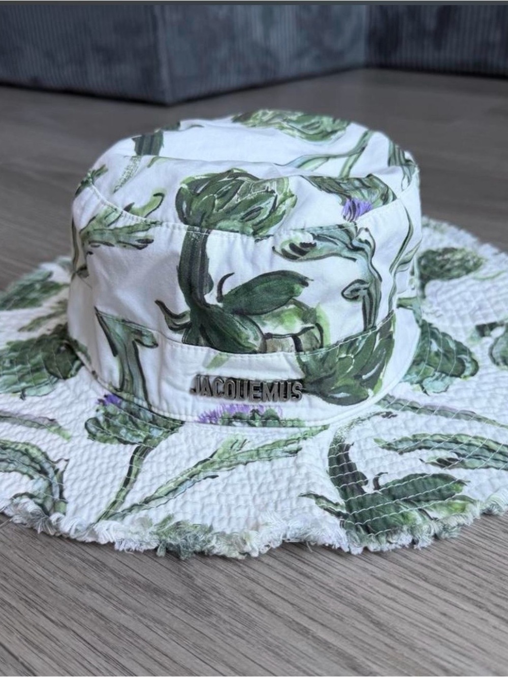 Jacquemus White Floral Bucket Hat with Green Print